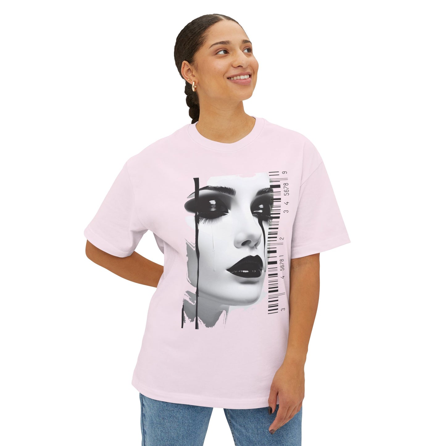 Chic Art Print Boxy Tee, Oversized Graphic T-Shirt, Fashionable Streetwear Top, Unique Women’s Cotton Tee, Casual Everyday Wear