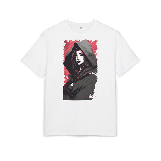 Artistic Oversize Tee with Hooded Character Design, Unisex Streetwear, Graphic Tee, Casual Wear, Unique Gift, Fashion Statement