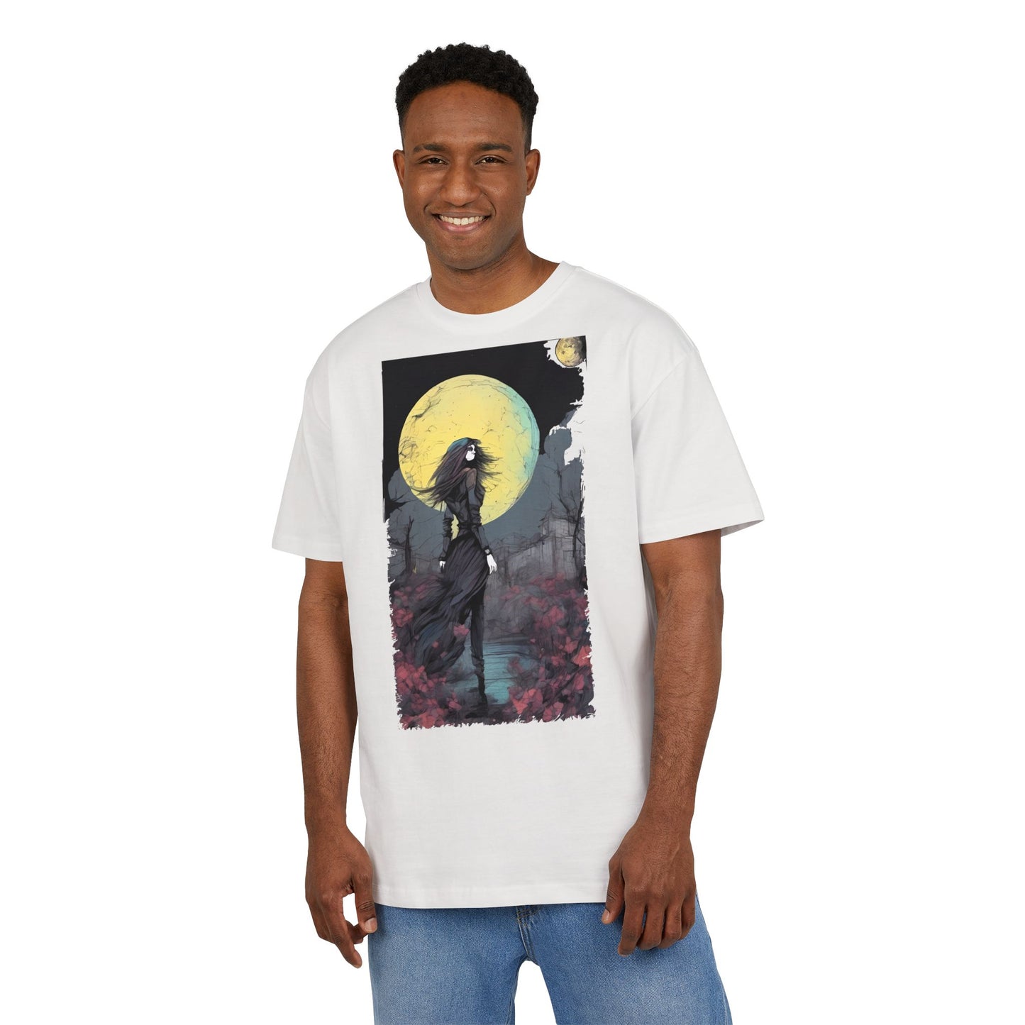 Moonlit Witch Oversize Tee, Cozy Casual Wear, Halloween Outfit, Gothic Style, Gift for Her, Everyday Fashion