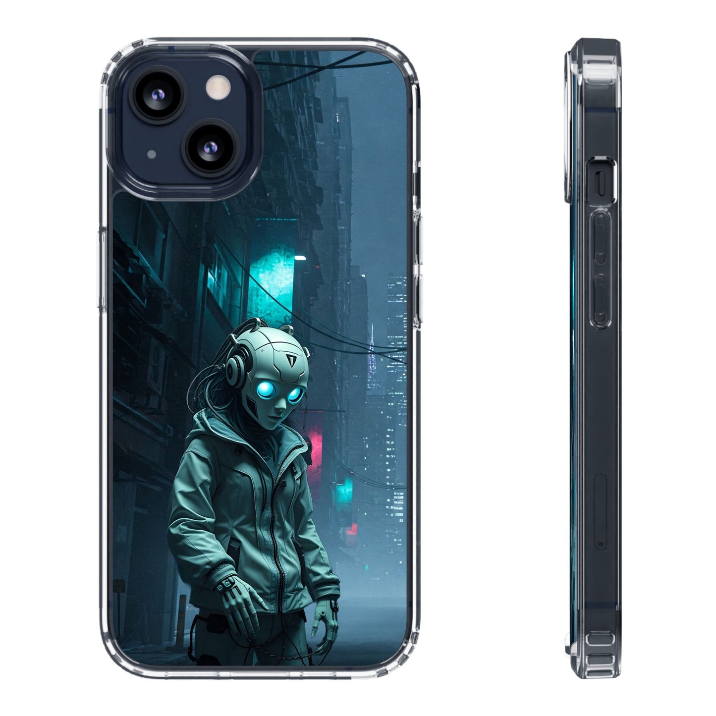 Futuristic Clear Phone Case with Neon City Design