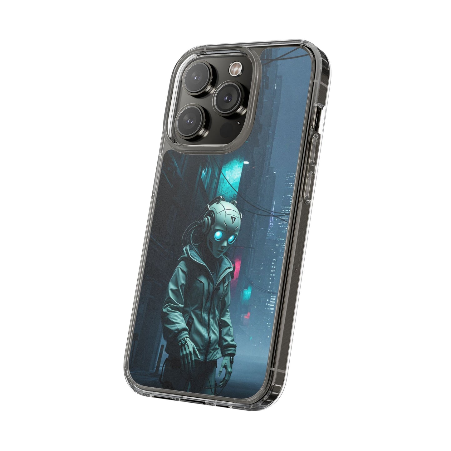 Futuristic Clear Phone Case with Neon City Design