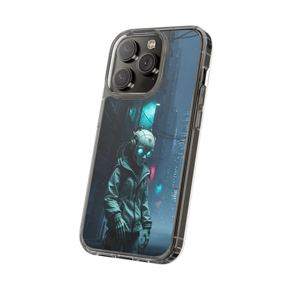 Futuristic Clear Phone Case with Neon City Design