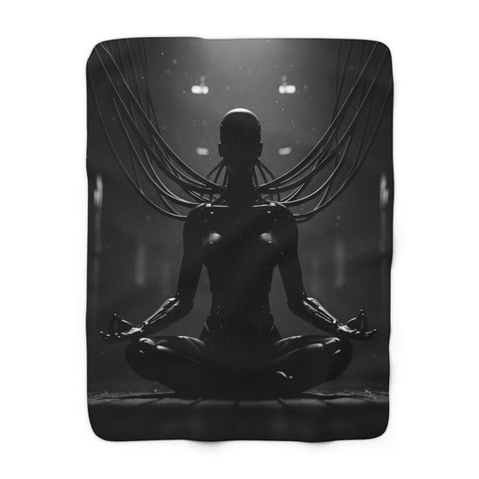 Futuristic Serenity Sherpa Fleece Blanket - Cozy Gift for Tech Lovers, Meditation, Home Decor, Relaxation