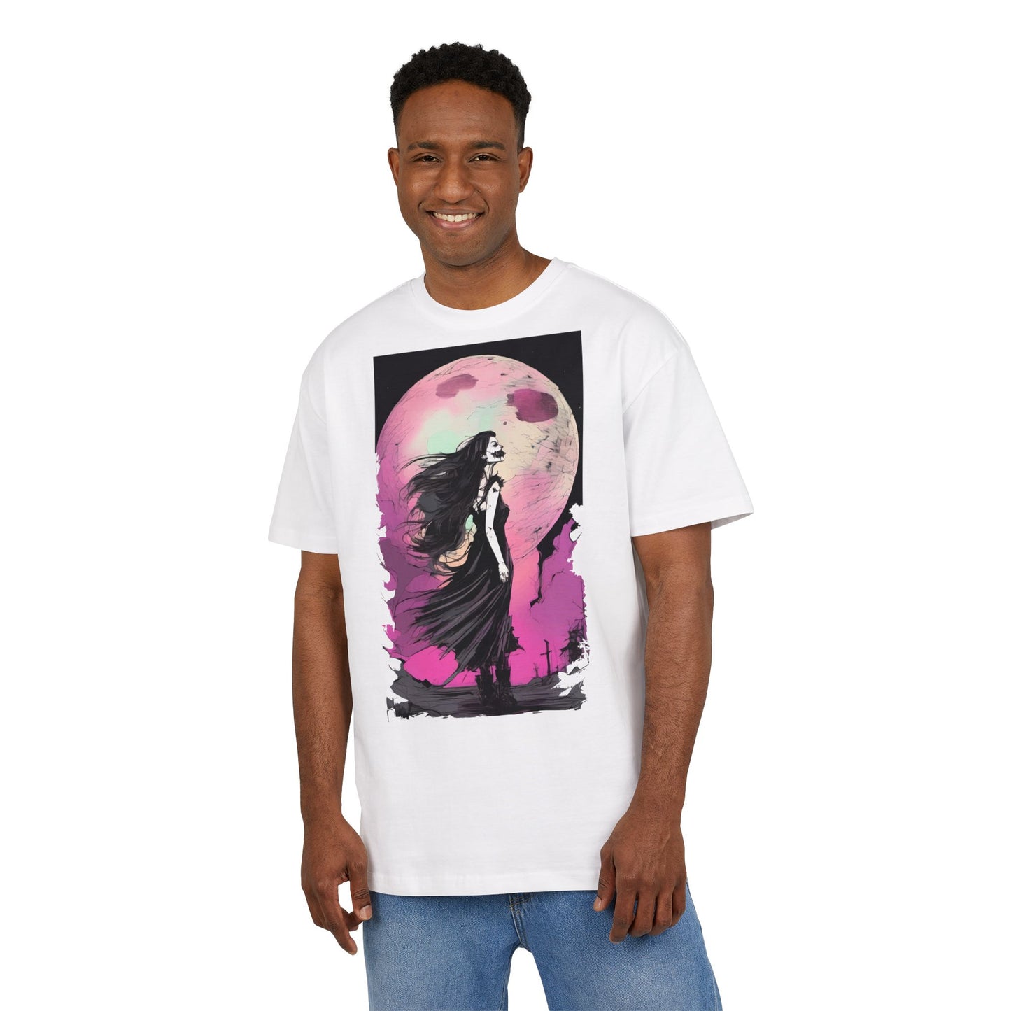 Unisex Heavy Oversize Tee with Moonlit Design, Graphic Tee for Night Lovers, Alternative Fashion, Halloween Shirt, Gift for Her