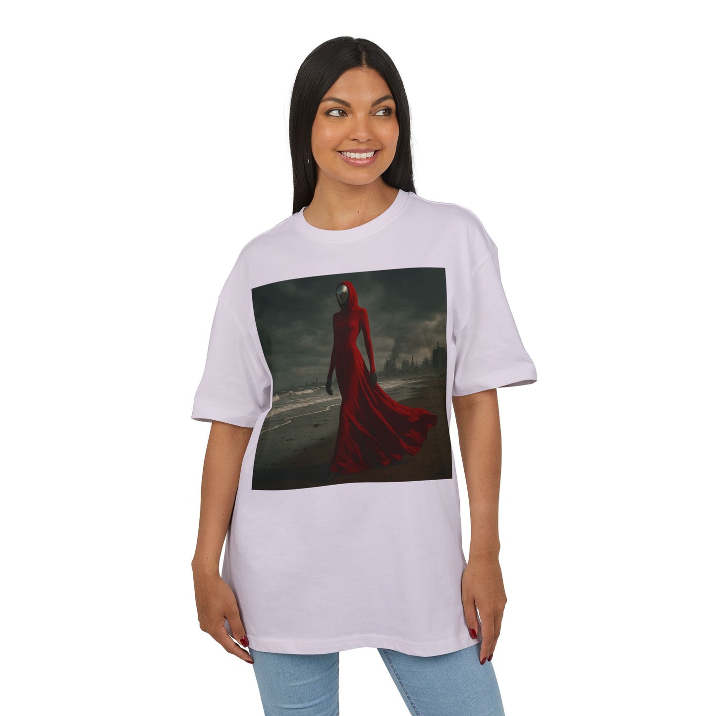Mystical Red Hooded Tee - Unisex Oversize T-Shirt, Grunge Fashion, Streetwear Style, Gift for Horror Fans, Casual Wear