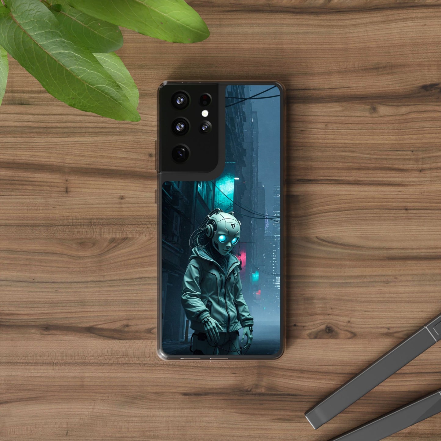 Futuristic Clear Phone Case with Neon City Design