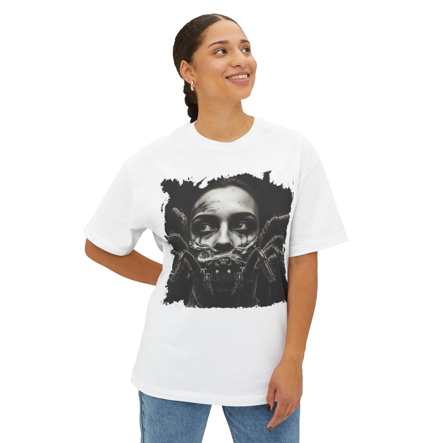 Eerie Spider Graphic Unisex Boxy Tee, Creepy Shirt for Halloween, Casual Wear, Street Fashion, Unique Gift for Spooky Season