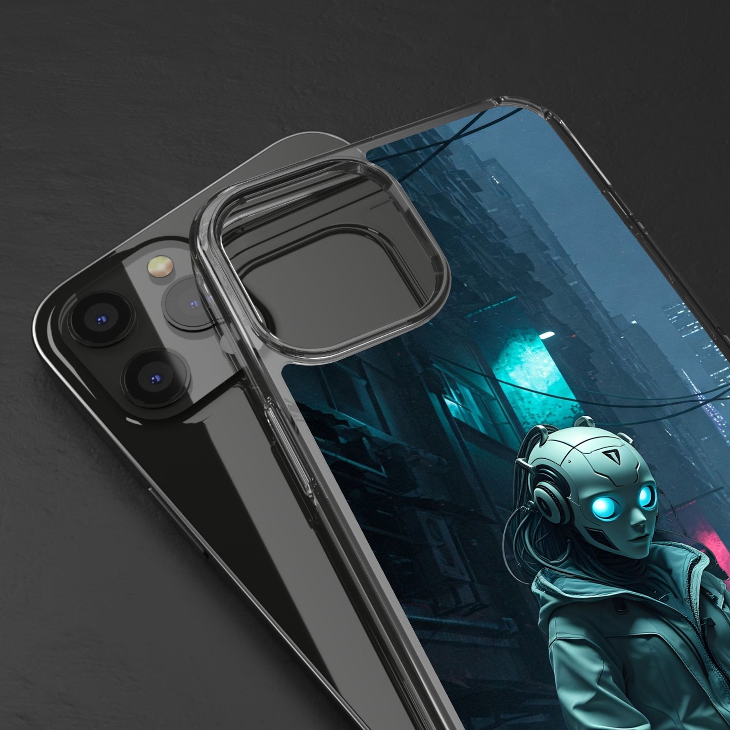 Futuristic Clear Phone Case with Neon City Design