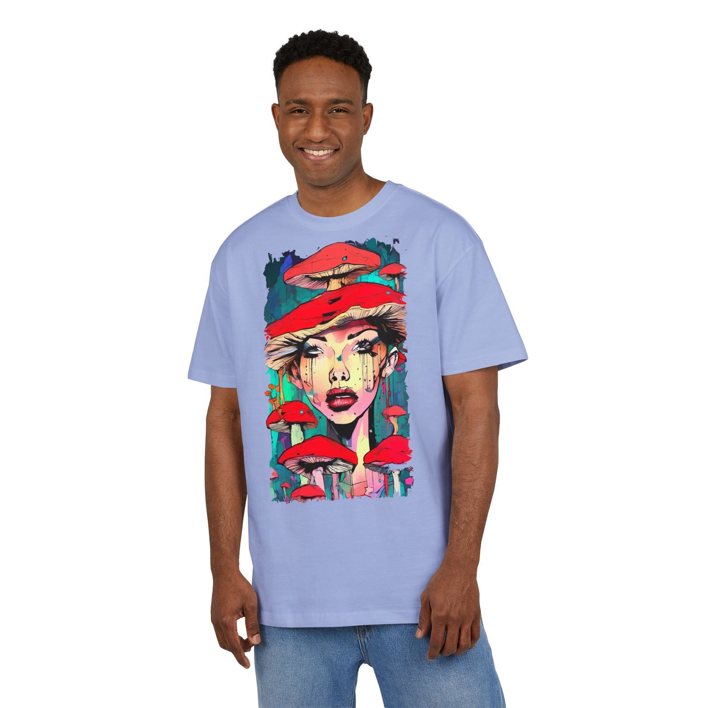 Colorful Art Tee, Unisex Heavy Oversize Tee with Mushroom Design, Casual Wear, Graphic Shirt, Gift for Art Lovers, Streetwear Style