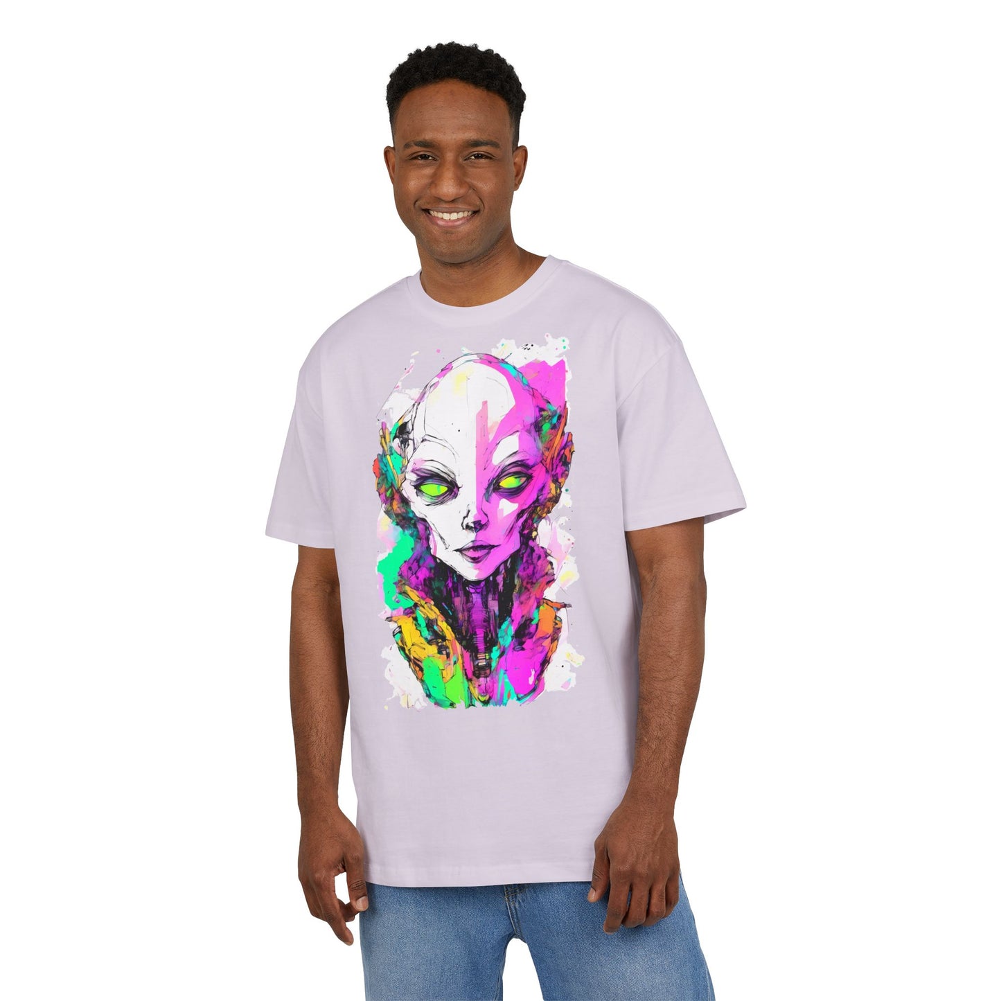Colorful Alien Graphic Unisex Heavy Oversize Tee | Casual Streetwear, Gift for UFO Enthusiasts, Statement Tee, Festival Wear, Unique Art Tee