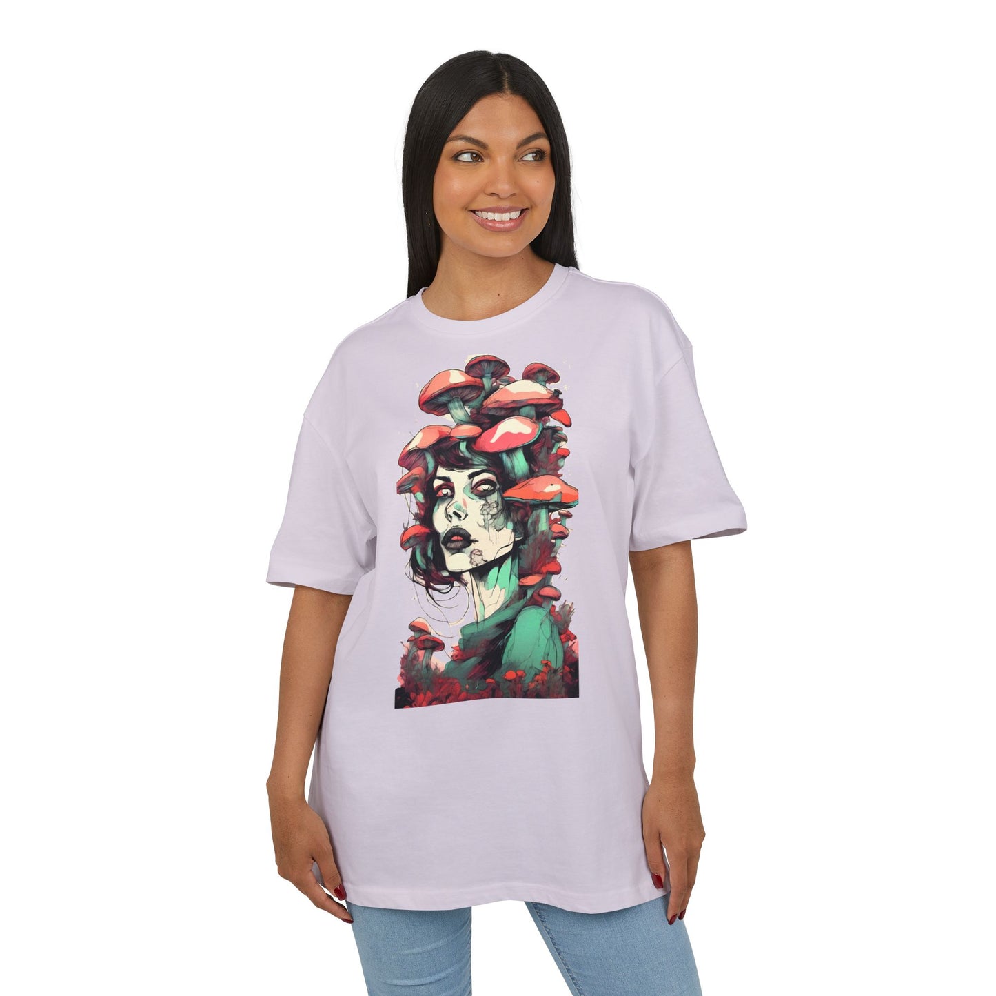 Mushroom Woman Oversized Tee, Bohemian Graphic T-Shirt, Unique Art Tee, Festival Wear, Streetwear Style Top