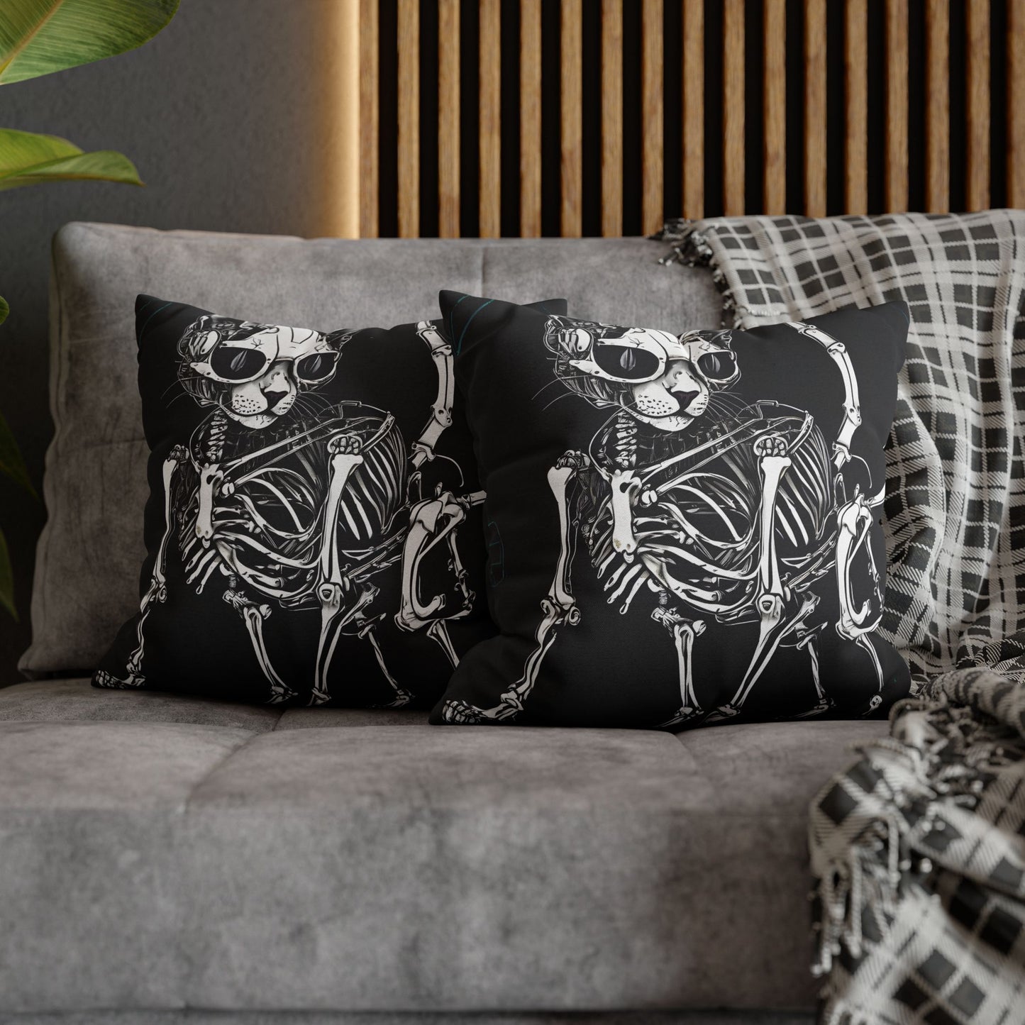 Square Pillowcase with Edgy Skeleton Cat Design