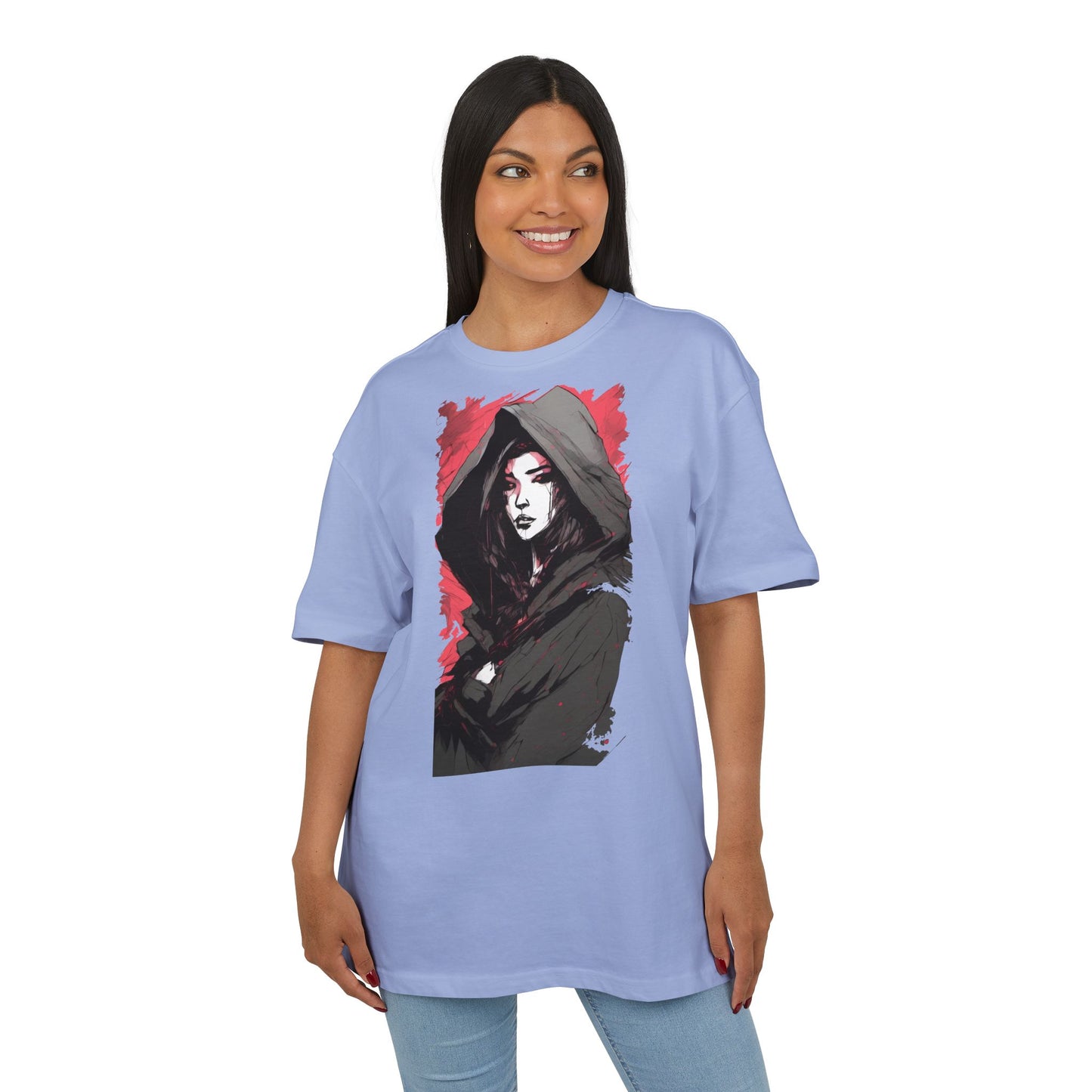 Artistic Oversize Tee with Hooded Character Design, Unisex Streetwear, Graphic Tee, Casual Wear, Unique Gift, Fashion Statement