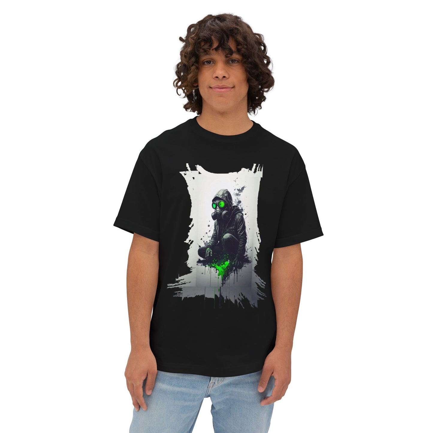 Unisex Oversized Boxy Tee with Unique Green Gas Mask Design, Graphic Tee, Streetwear Fashion, Gift for Gamers, Casual Style