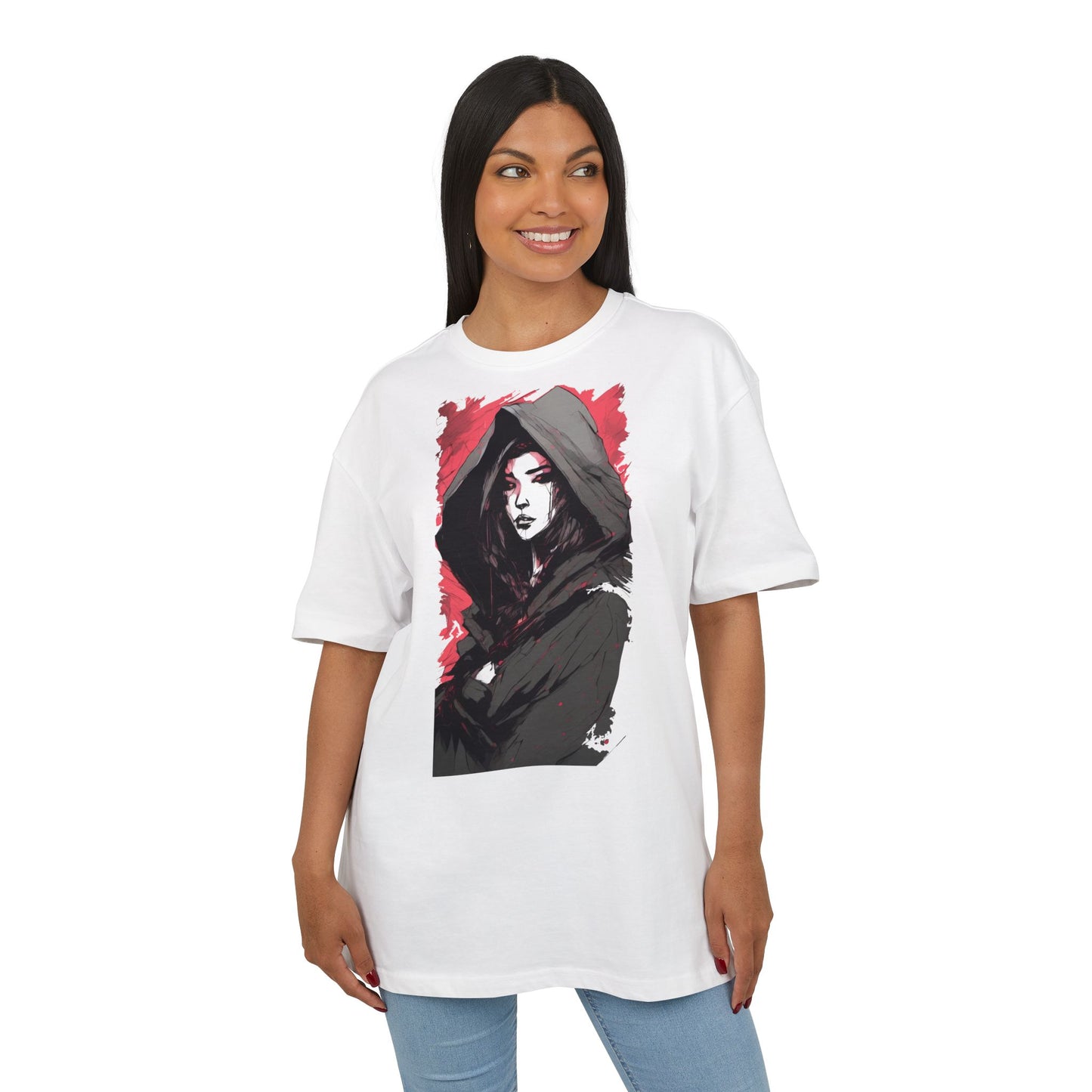 Artistic Oversize Tee with Hooded Character Design, Unisex Streetwear, Graphic Tee, Casual Wear, Unique Gift, Fashion Statement