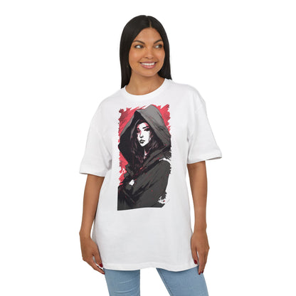 Artistic Oversize Tee with Hooded Character Design, Unisex Streetwear, Graphic Tee, Casual Wear, Unique Gift, Fashion Statement