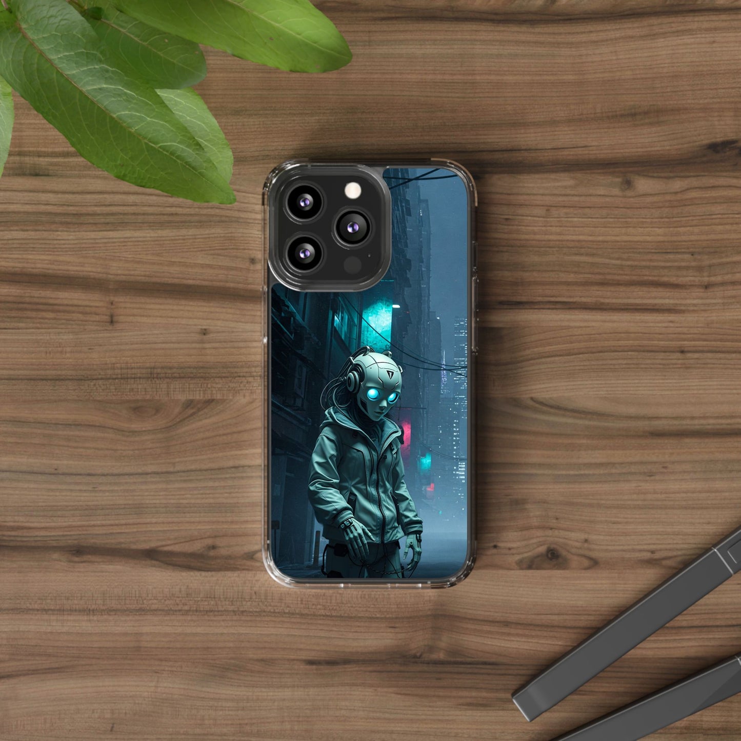 Futuristic Clear Phone Case with Neon City Design
