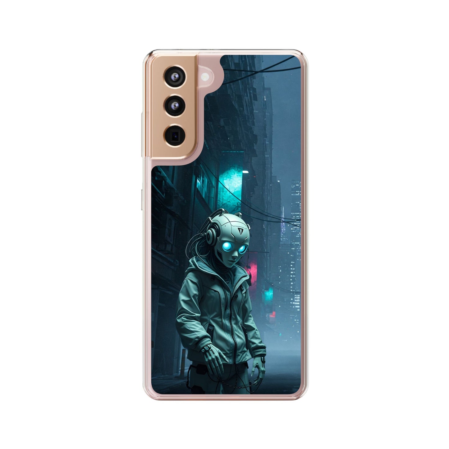 Futuristic Clear Phone Case with Neon City Design