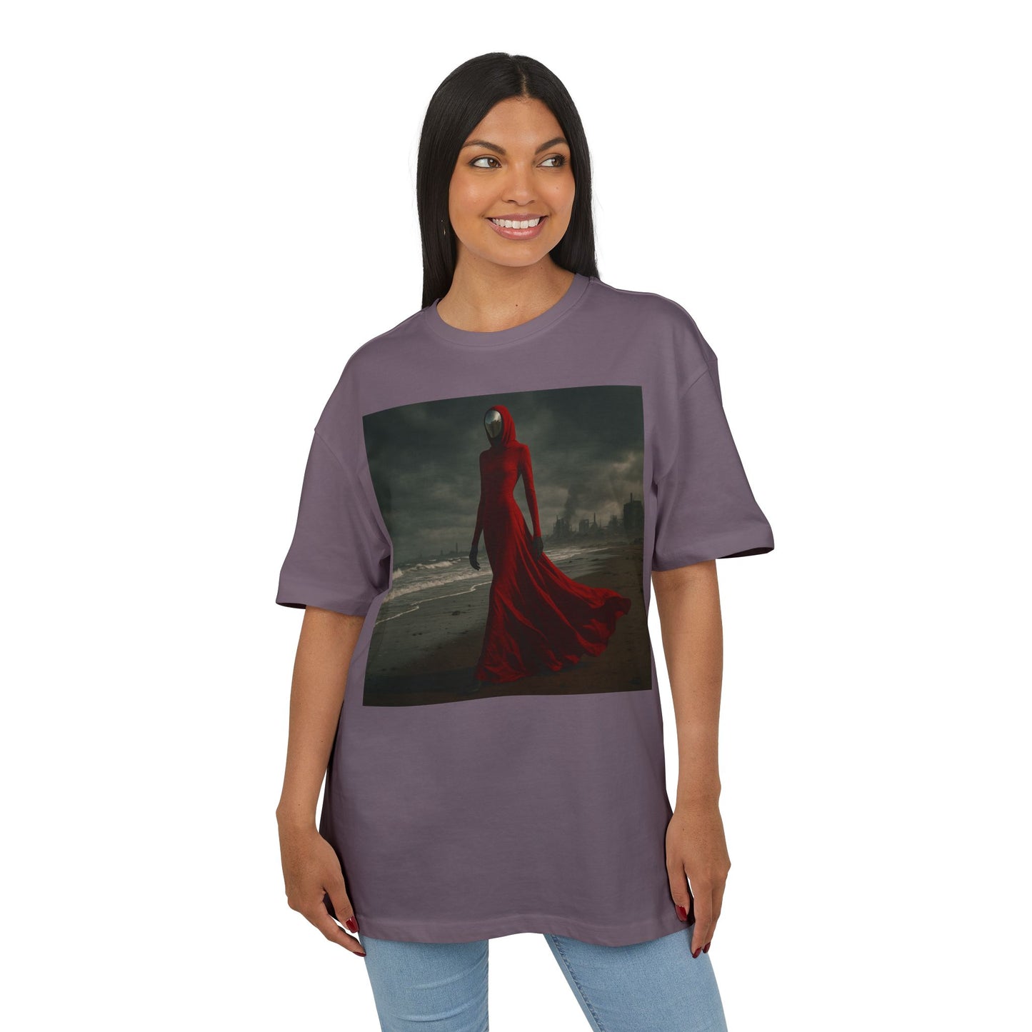 Mystical Red Hooded Tee - Unisex Oversize T-Shirt, Grunge Fashion, Streetwear Style, Gift for Horror Fans, Casual Wear