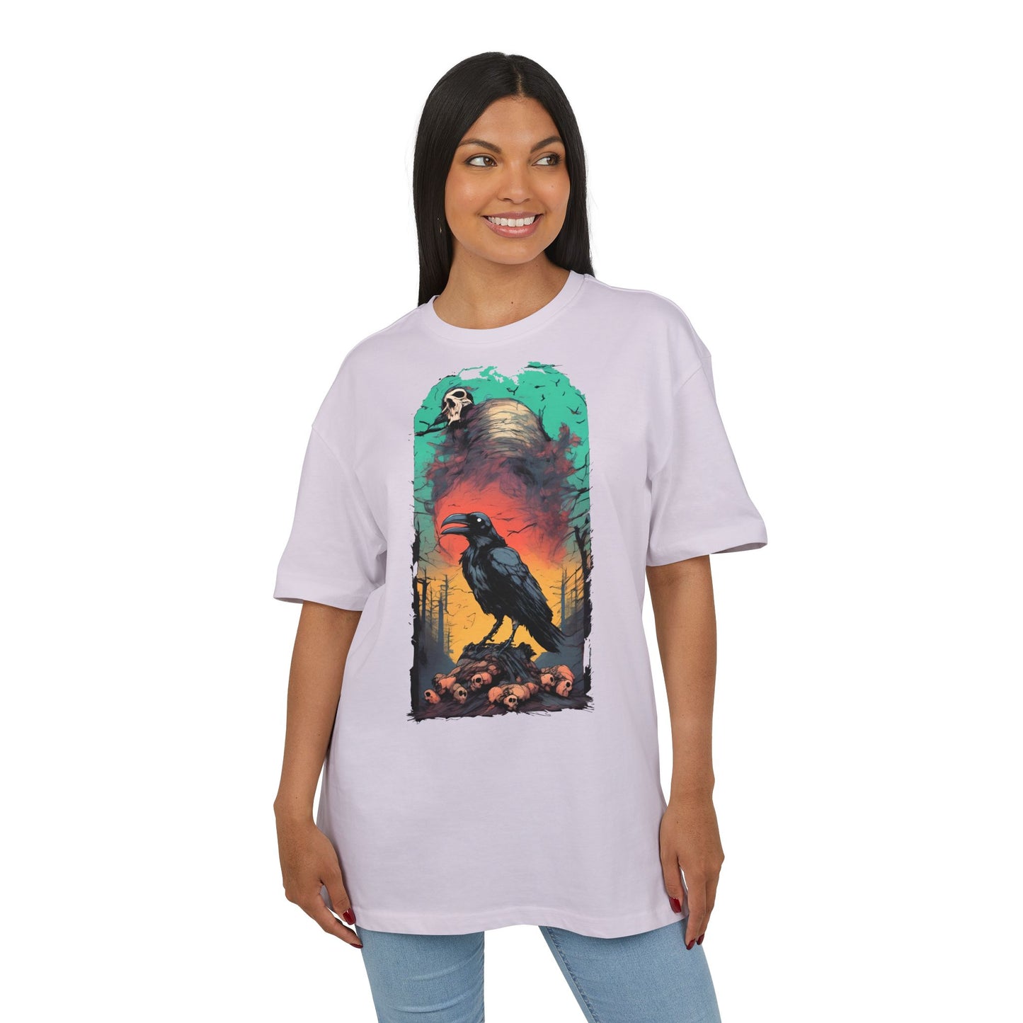 Mystical Raven Oversize Tee: Boho Style, Unisex Graphic T-Shirt for Nature Lovers, Festival Wear, Halloween, Gift Ideas