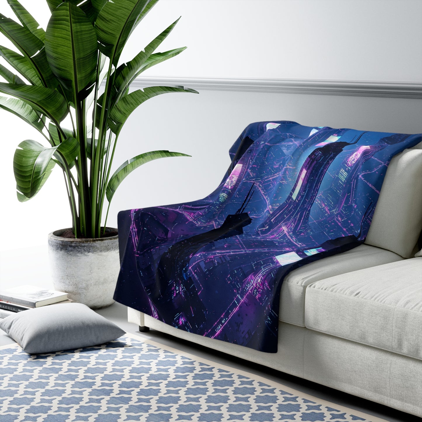 Futuristic Sherpa Fleece Blanket - Cozy Cyberpunk Decor for Home