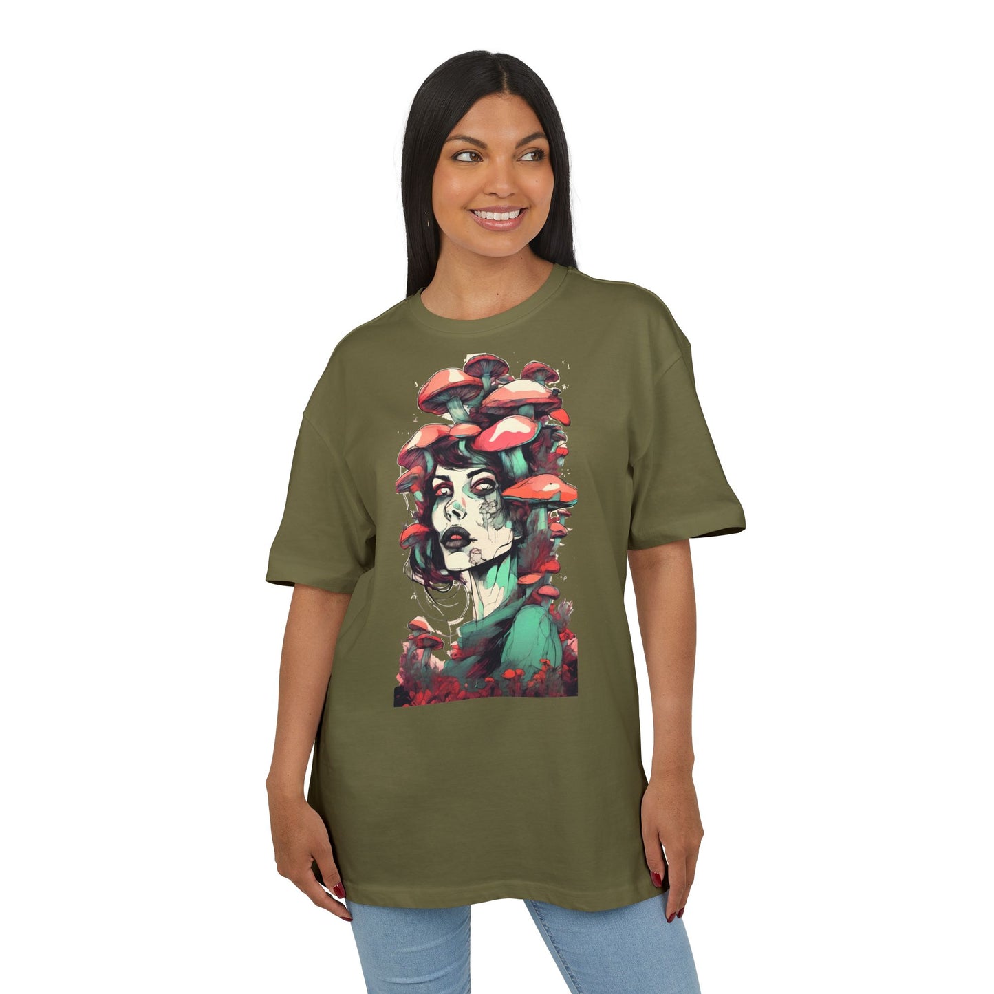 Mushroom Woman Oversized Tee, Bohemian Graphic T-Shirt, Unique Art Tee, Festival Wear, Streetwear Style Top