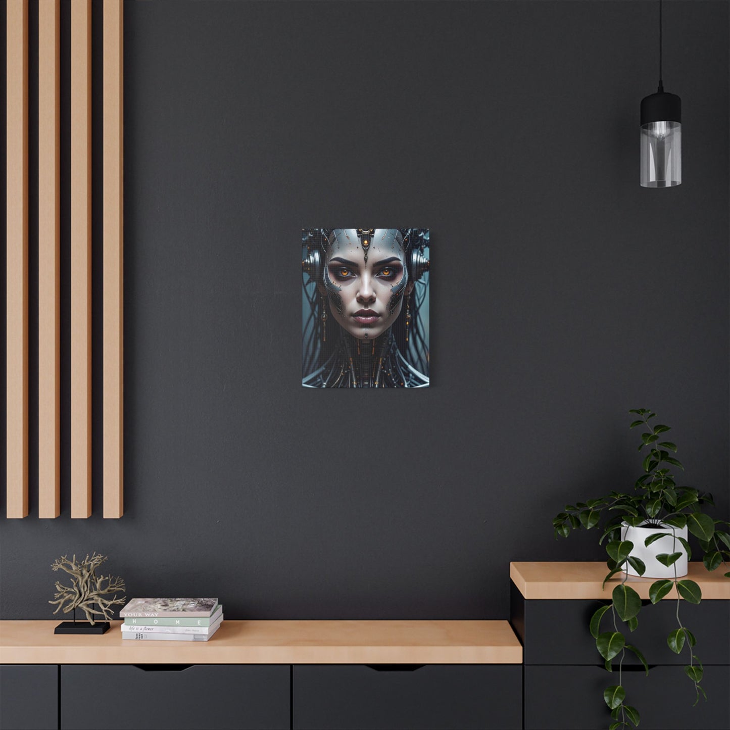 Futuristic Stretched Canvas Art, Cyberpunk Wall Décor, Unique Home Decor, Robot Portrait, Gothic Art Giveaway