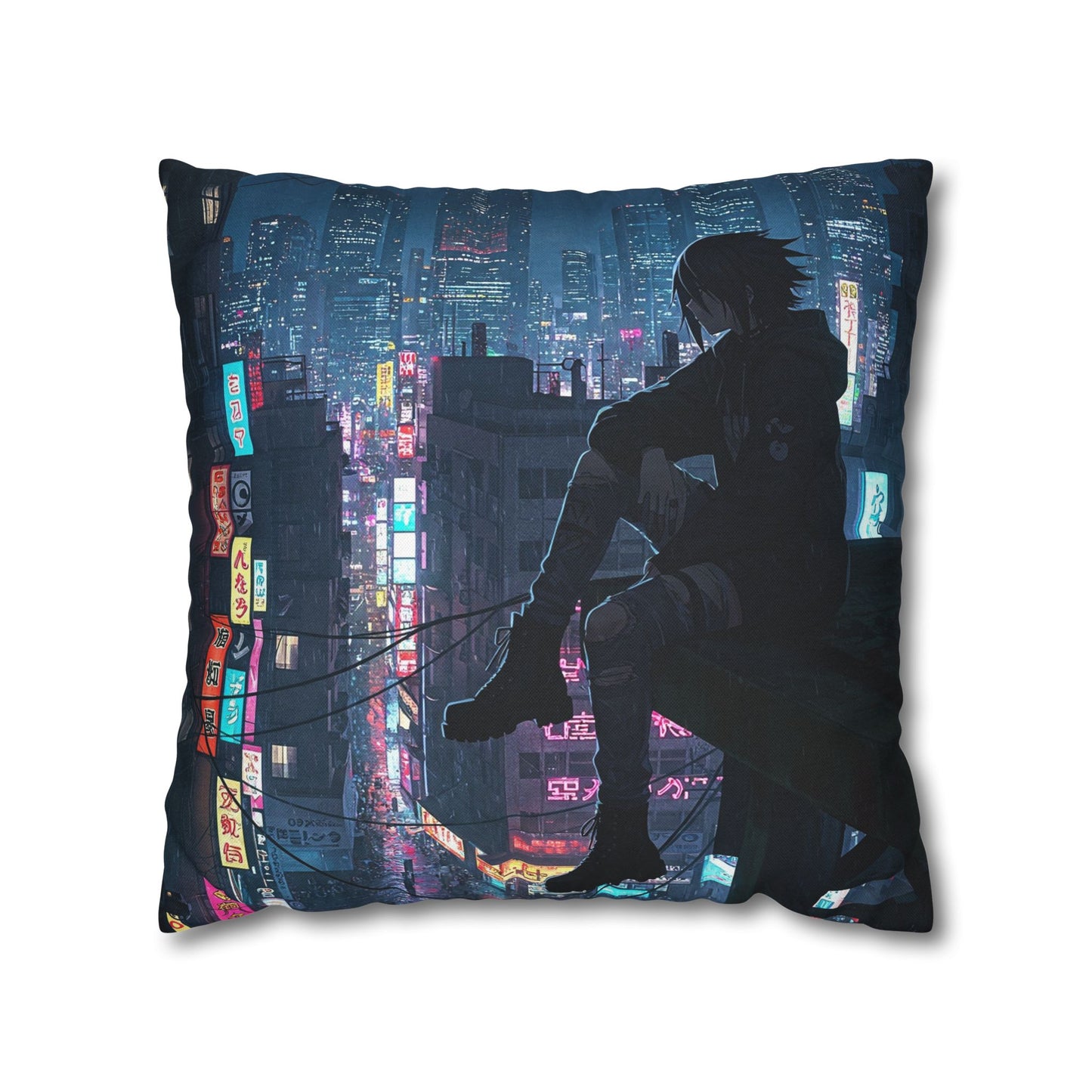 Anime-Inspired Urban Pillowcase, Cozy Home Decor, Nerdy Gift, Bedroom Accent, Cyberpunk Decor, Manga Lover Gift