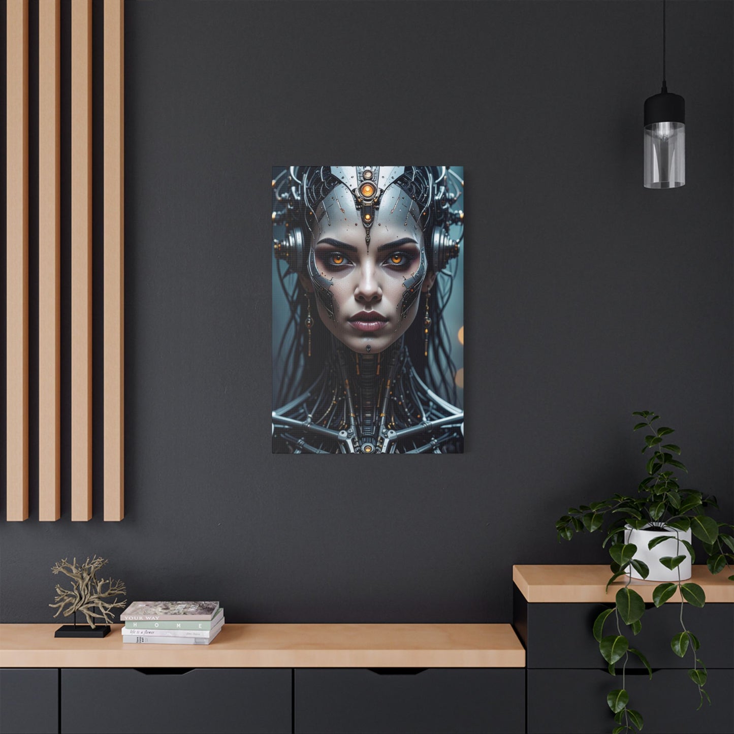 Futuristic Stretched Canvas Art, Cyberpunk Wall Décor, Unique Home Decor, Robot Portrait, Gothic Art Giveaway