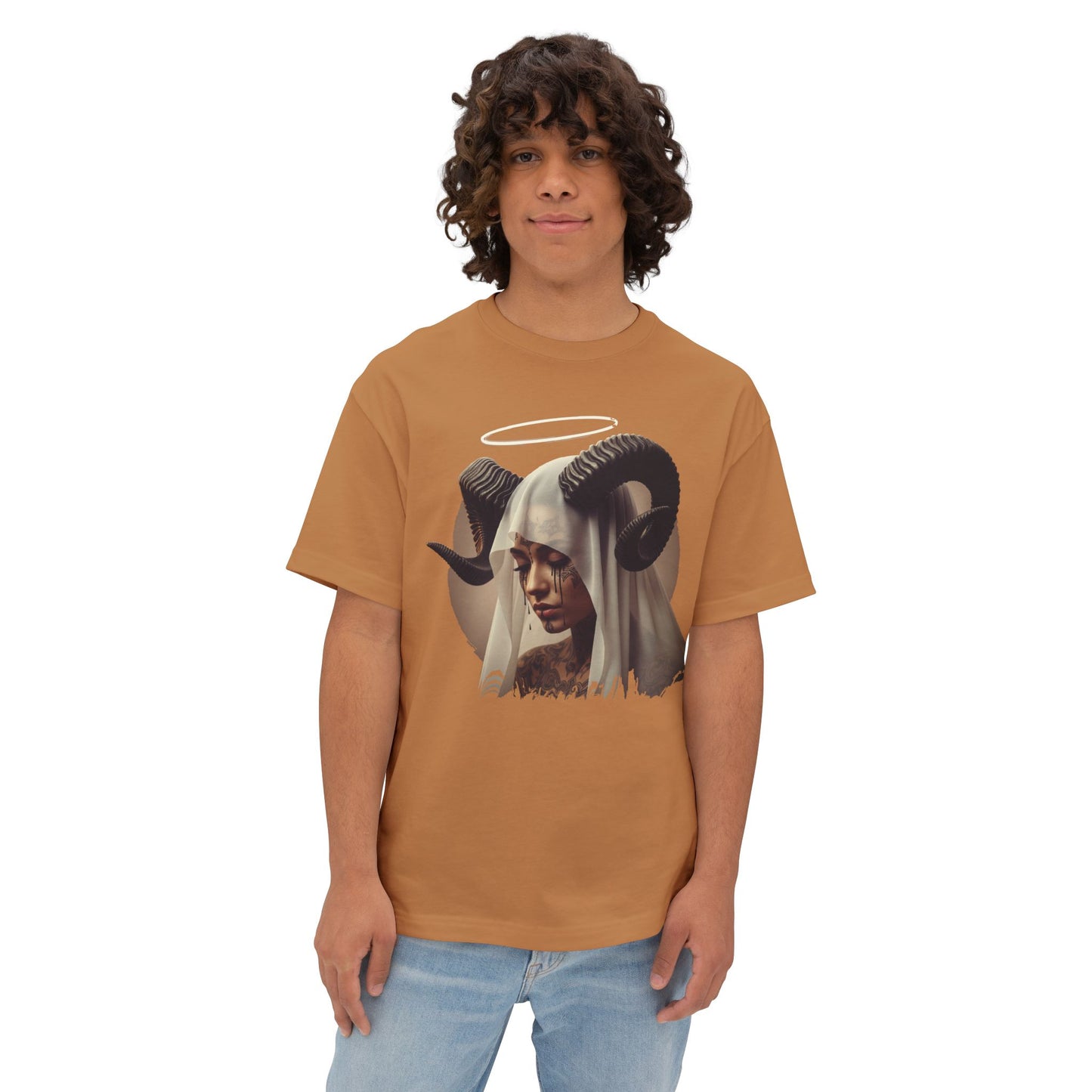 Mystical Ram Graphic Tee, Unisex Oversized Boxy Tee, Statement T-Shirt, Boho Chic Shirt, Art-Inspired Fashion, Comfortable Everyday Wear