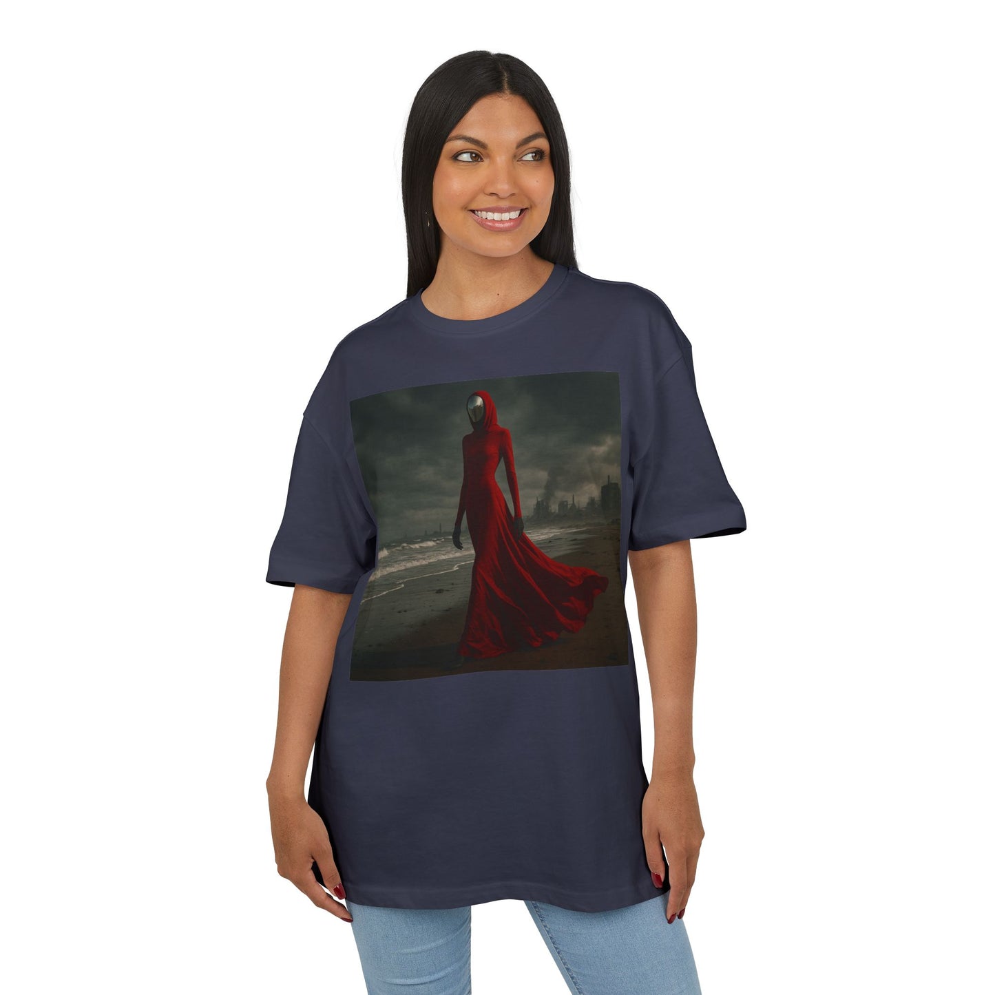 Mystical Red Hooded Tee - Unisex Oversize T-Shirt, Grunge Fashion, Streetwear Style, Gift for Horror Fans, Casual Wear