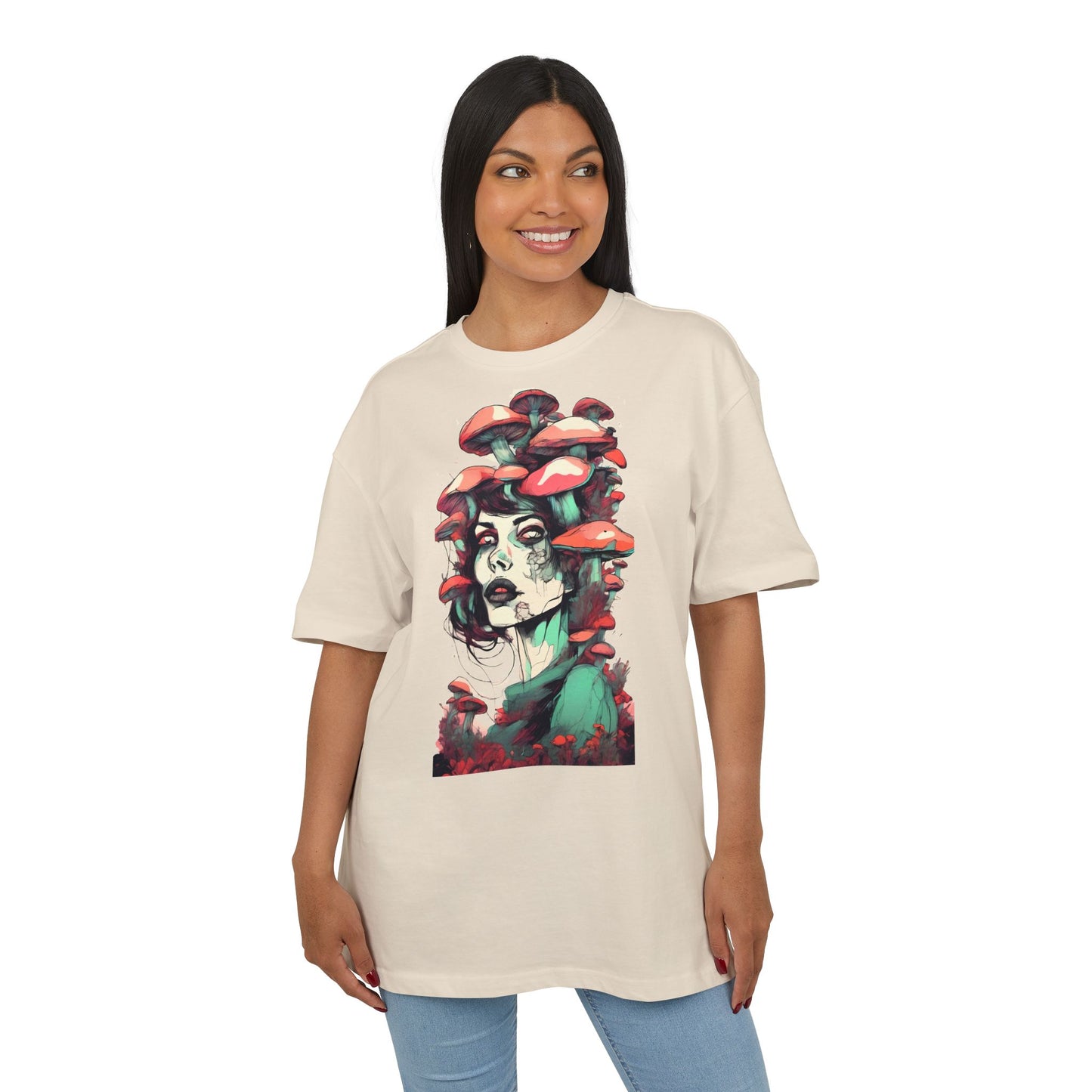 Mushroom Woman Oversized Tee, Bohemian Graphic T-Shirt, Unique Art Tee, Festival Wear, Streetwear Style Top
