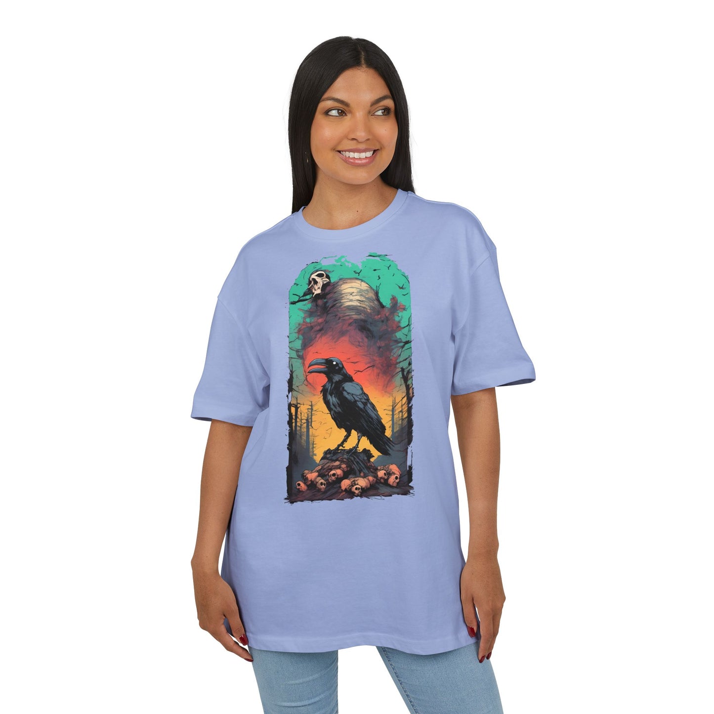 Mystical Raven Oversize Tee: Boho Style, Unisex Graphic T-Shirt for Nature Lovers, Festival Wear, Halloween, Gift Ideas