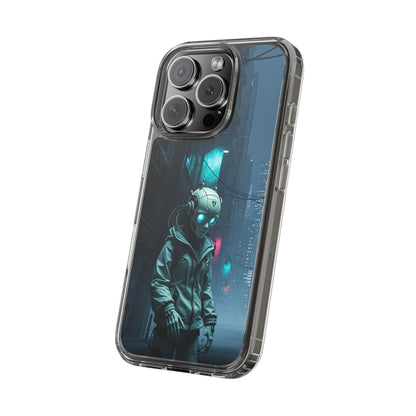 Futuristic Clear Phone Case with Neon City Design