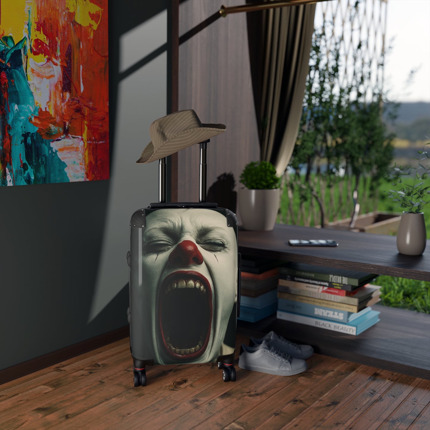 Creepy Clown Suitcase - Travel Luggage, Halloween Costume Prop, Spooky Gift for Horror Fans, Unique Checked Baggage, Statement Travel Gear