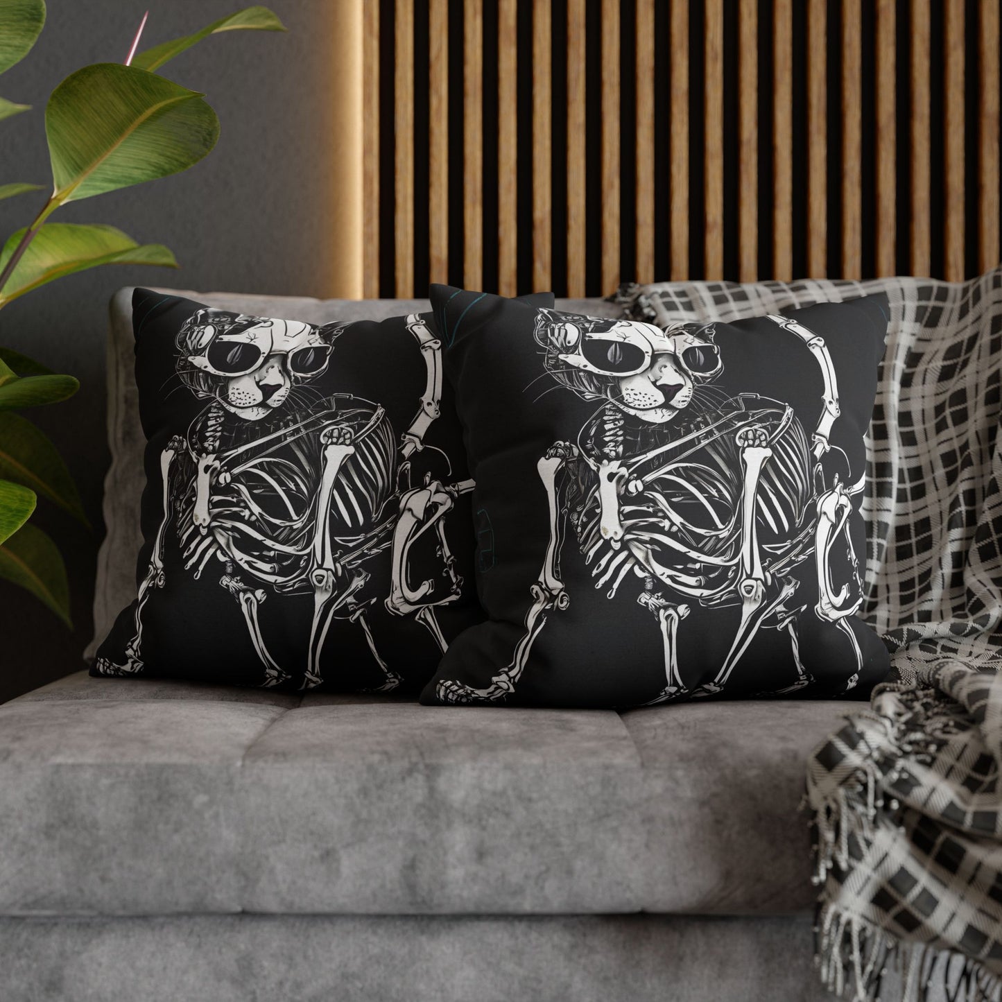 Square Pillowcase with Edgy Skeleton Cat Design