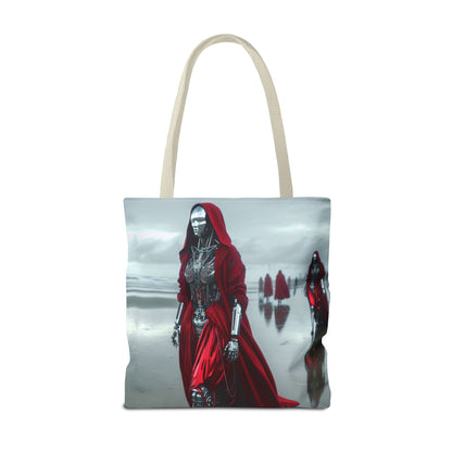 Futuristic Red Hooded Tote Bag, Eco-Friendly Shopping Tote, Stylish Reusable Bag, Perfect for Gifts, Fashion Statement