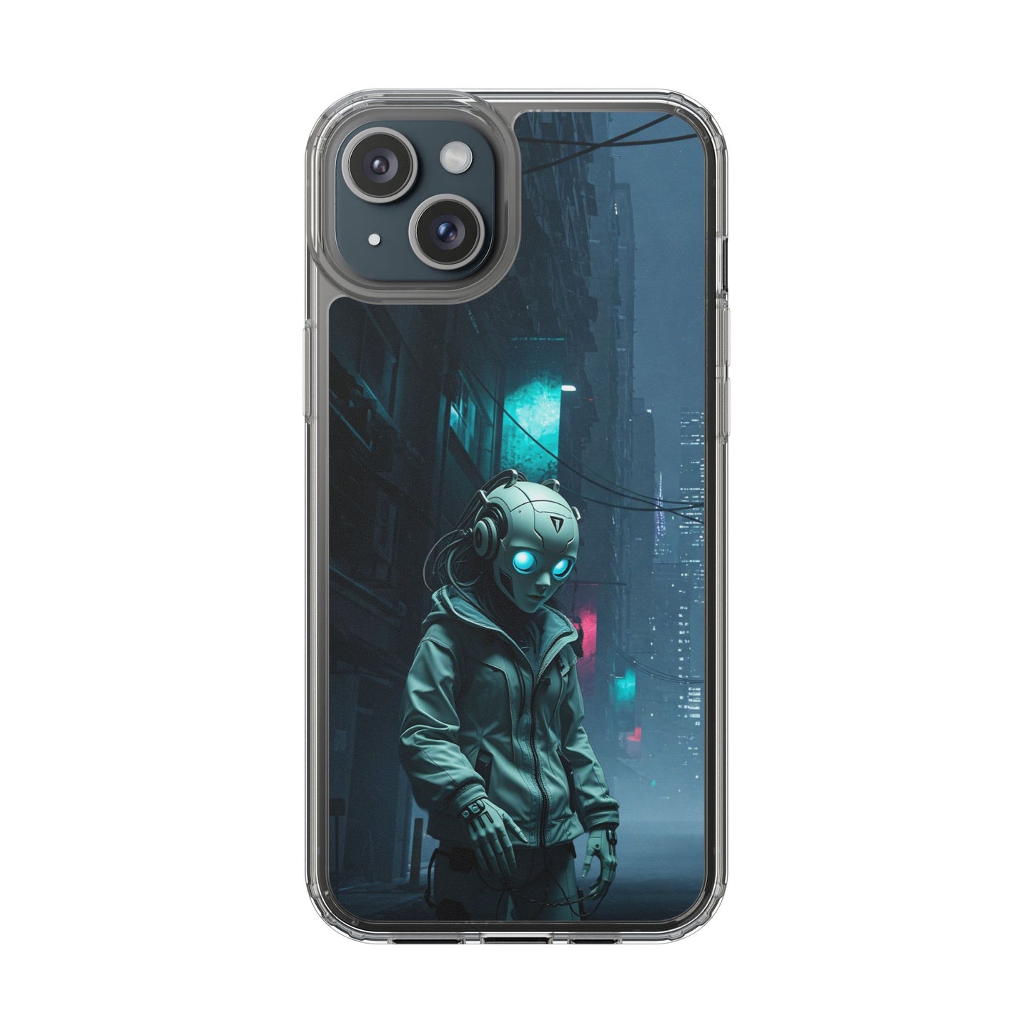 Futuristic Clear Phone Case with Neon City Design