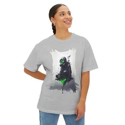 Unisex Oversized Boxy Tee with Unique Green Gas Mask Design, Graphic Tee, Streetwear Fashion, Gift for Gamers, Casual Style