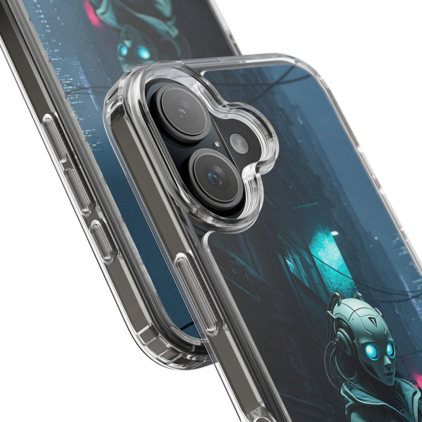 Futuristic Clear Phone Case with Neon City Design