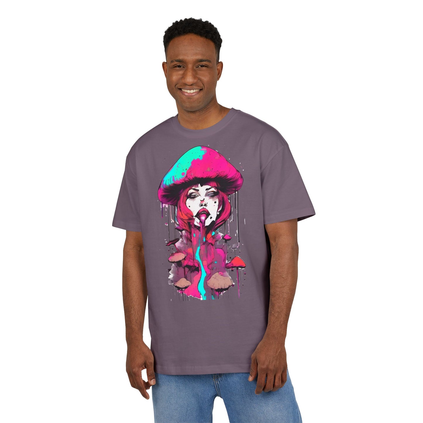 Vibrant Mushroom Art Unisex Heavy Oversize Tee, Funky T-Shirt, Artistic Casual Wear, Gift for Art Lovers, Unique Streetwear