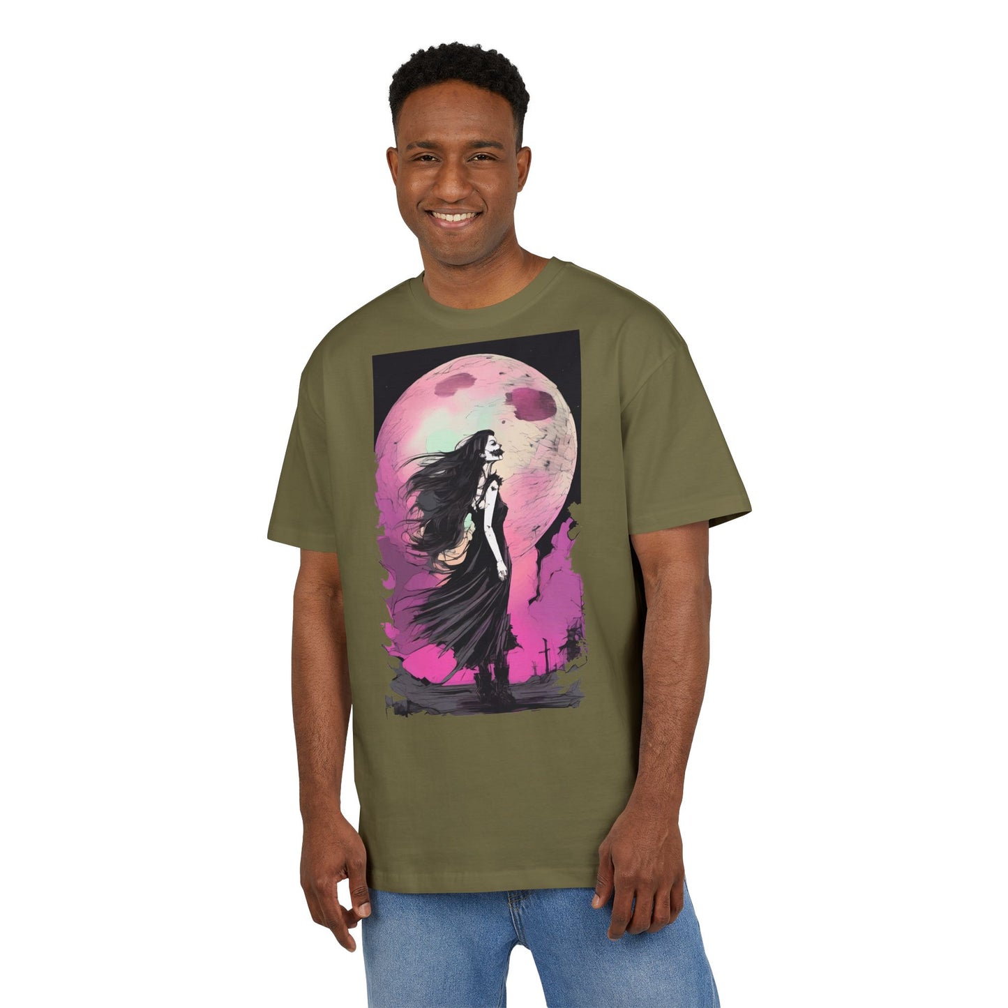 Unisex Heavy Oversize Tee with Moonlit Design, Graphic Tee for Night Lovers, Alternative Fashion, Halloween Shirt, Gift for Her