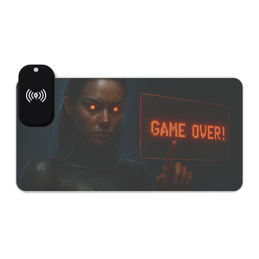LED Gaming Mouse Pad with Wireless Charging - Game Over Design, Computer Accessory, Gamer Gift, Desk Decor, LED Light Pad, Gaming Desk