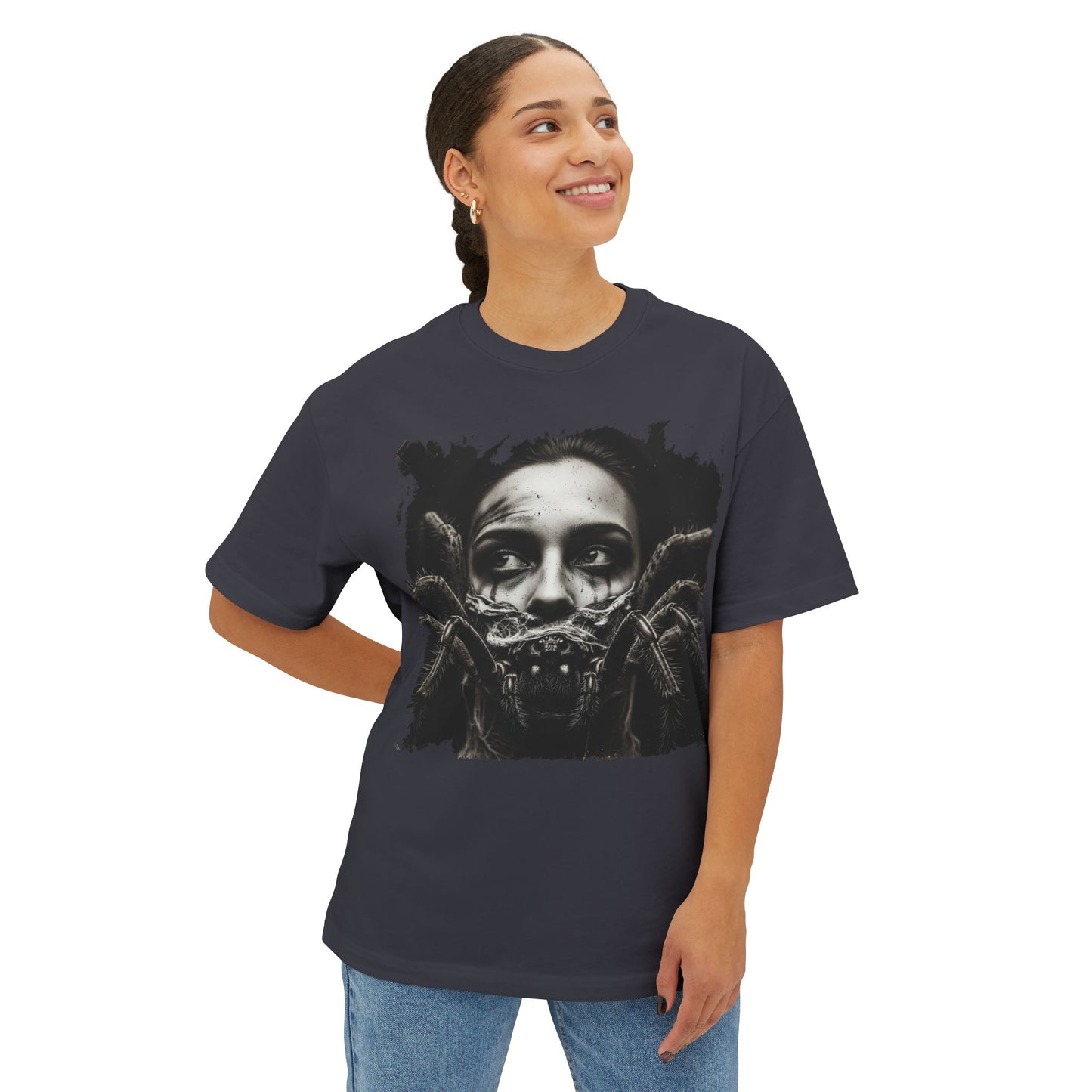 Eerie Spider Graphic Unisex Boxy Tee, Creepy Shirt for Halloween, Casual Wear, Street Fashion, Unique Gift for Spooky Season