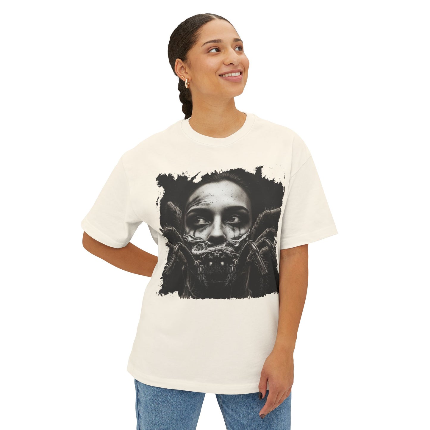 Eerie Spider Graphic Unisex Boxy Tee, Creepy Shirt for Halloween, Casual Wear, Street Fashion, Unique Gift for Spooky Season