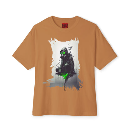 Unisex Oversized Boxy Tee with Unique Green Gas Mask Design, Graphic Tee, Streetwear Fashion, Gift for Gamers, Casual Style