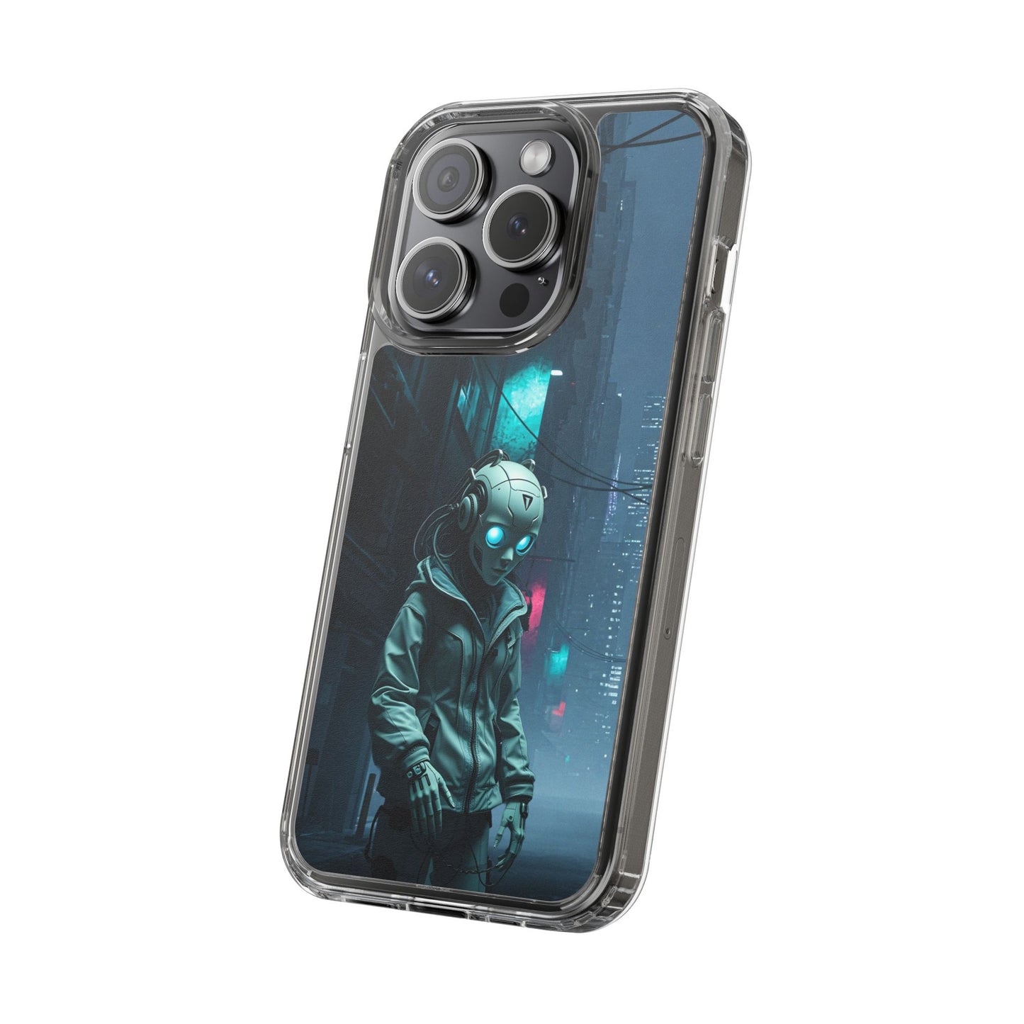 Futuristic Clear Phone Case with Neon City Design