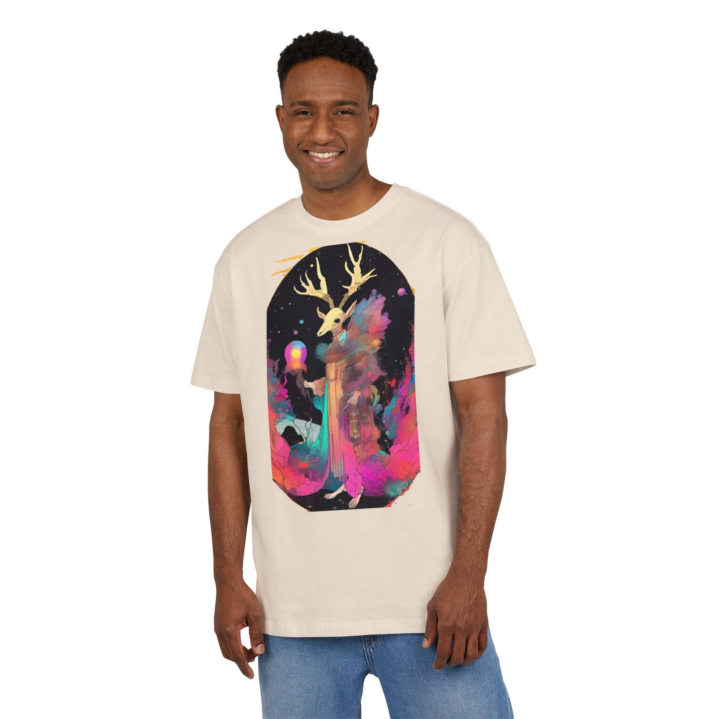 Cosmic Stag Unisex Oversize Tee | Bohemian Vibe T-Shirt, Fantasy Apparel, Unique Gift, Art-Inspired Fashion, Summer Style