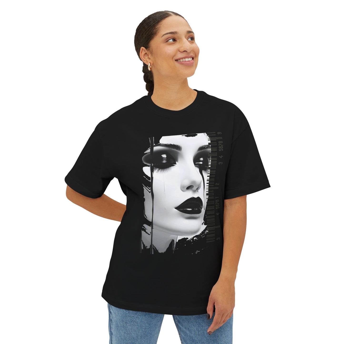 Chic Art Print Boxy Tee, Oversized Graphic T-Shirt, Fashionable Streetwear Top, Unique Women’s Cotton Tee, Casual Everyday Wear