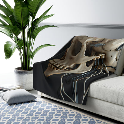 Sherpa Fleece Blanket with Futuristic Cyber Skull Design